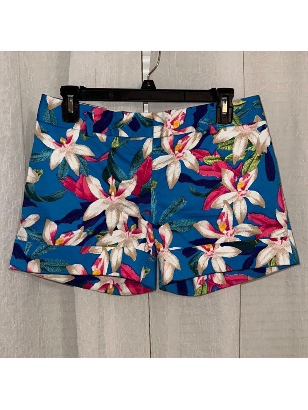 Express 2 Tropical Floral Blue Pink Beige Green Cuffed Hem Chino Shorts